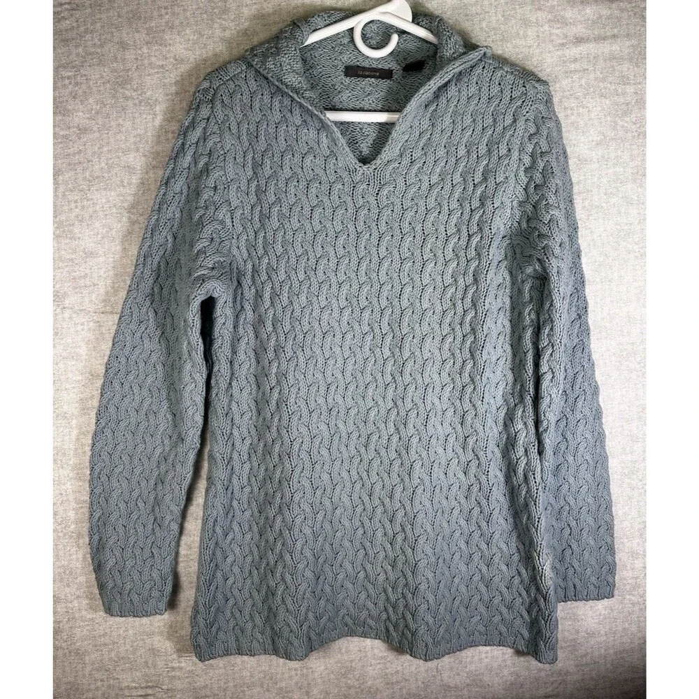 Womens Liz Claiborne Sky Blue Cable Knit Chunky Sweater Size Large V neck Granny